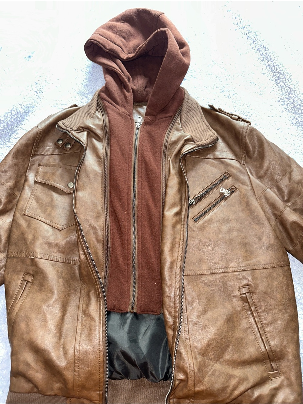 Men's Brown Leather Bomber Jacket with Removable Brown Hoodie